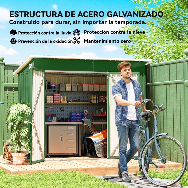 Outsunny Cobertizo de Jardín Exterior 2,7 m² 234x132x185 cm con Triple Puerta Cerradura y Ranuras de Ventilación Verde