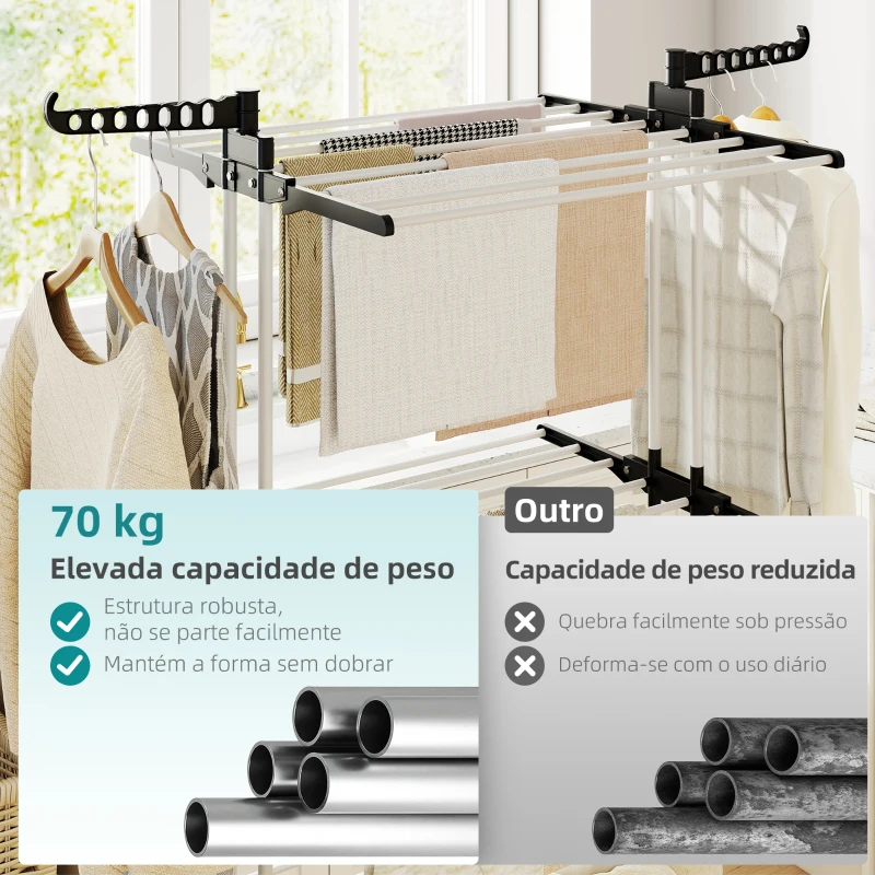 HOMCOM Estendal Dobrável para Roupa com Rodas Estendal Vertical de Aço com 3 Níveis Laterais Dobráveis 73x64x177cm Preto e Branco