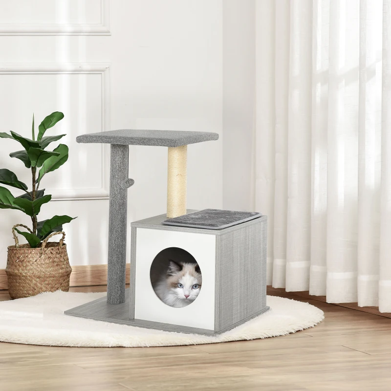 PawHut Albero Tiragraffi Multilivello per Gatti e Gattini con Cuccia e Colonna in Corda Sisal, Grigio, 59 x 39 x 62cm