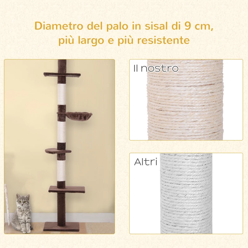 PawHut Albero Tiragraffi Multilivello a Soffitto con Amaca e Altezza Regolabile, 40x34x230-260cm, Marrone