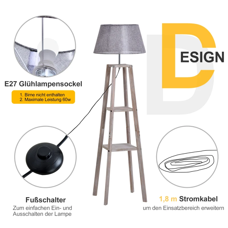HOMCOM Staande lamp met schappen, Scandinavische schemerlamp, lamp, linnen, grenen hout, natuurlijk, grijs, 45 x 45 x 148 cm schappen vloerlamp lamp grenen naturel grijs | Aosom.de