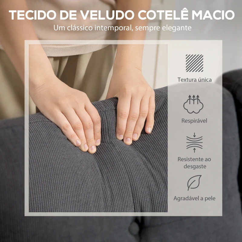 HOMCOM Sofá Chaise Longue Reversível Sofá de Canto em Forma de L de 3 Lugares Estofado em Veludo Cotelê 192x137x84 cm Cinzento Escuro