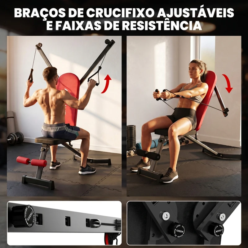 SPORTNOW Banco de Musculação Dobrável com Bandas de Resistência, Encosto Ajustável Plano/Inclinado/Declinado e Extensão de Pernas