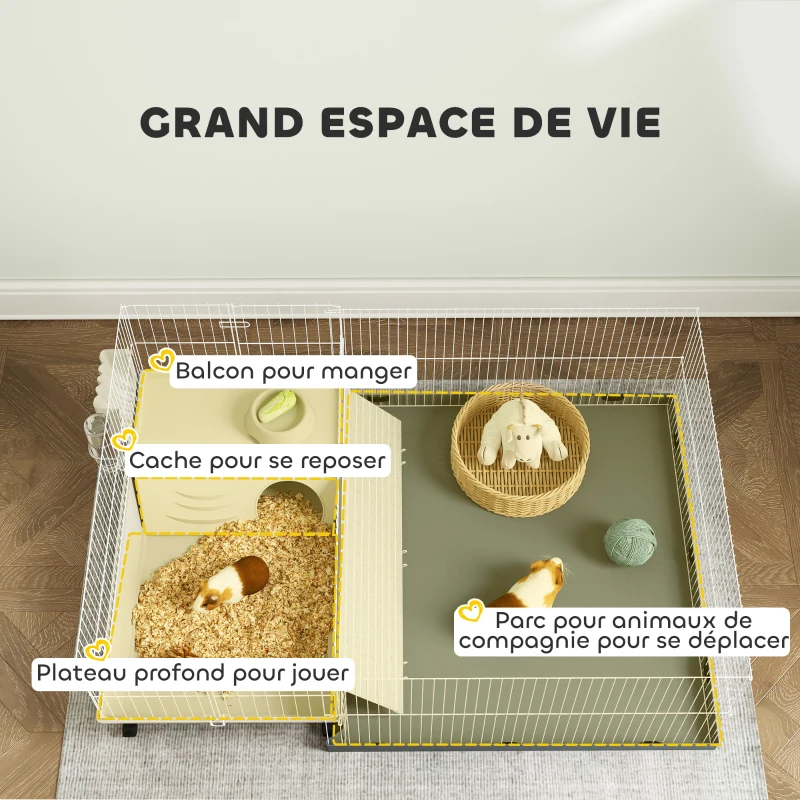 PawHut Cage cochon d'inde cage pour petits animaux avec parc amovible tapis imperméable mangeoire à foin 108 x 71 x 57 cm beige
