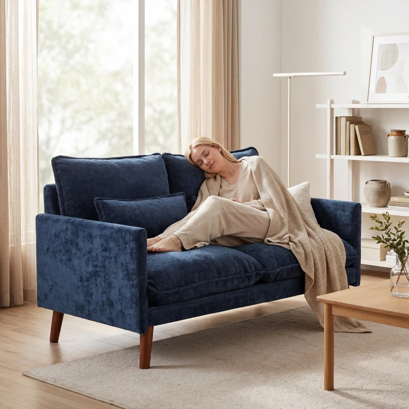 HOMCOM 2 Seater Sofa, Loveseat Sofa with Spring Cushions, Wide and Deep Seat, Wood Legs, Blue