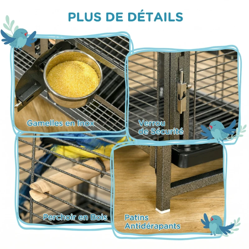 PawHut Cage de transport en acier pour perroquets, cage à oiseaux avec 2 bols en acier inoxydable, 2 perchoirs, plateau, noir