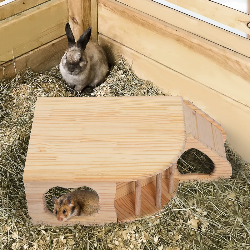 PawHut Maisonnette pour rongeurs abri pour rongeurs 2 entrées rampe et espace foin dim. 60L x 37l x 19H cm bois naturel sapin