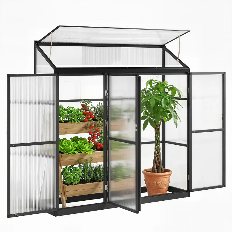 Outsunny 6 x 1.5ft Polycarbonate Greenhouse, Quick Setup, Lean-to Green House with 3 Hinged Doors, Top Vent, Black