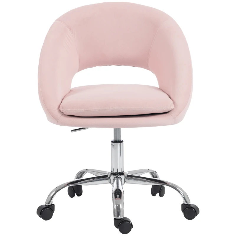 HOMCOM Velvet Desk Chair, Modern Office Chair with Height-Adjustable, Wheels, for Home Study Bedroom, Pink