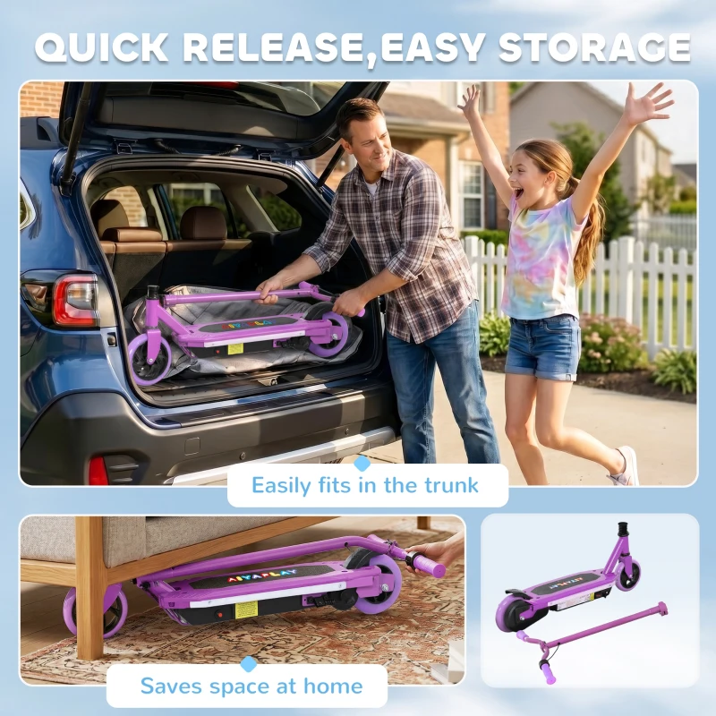 AIYAPLAY Electric Scooter for Kids 6-14 Years, with Colourful Lights, Purple