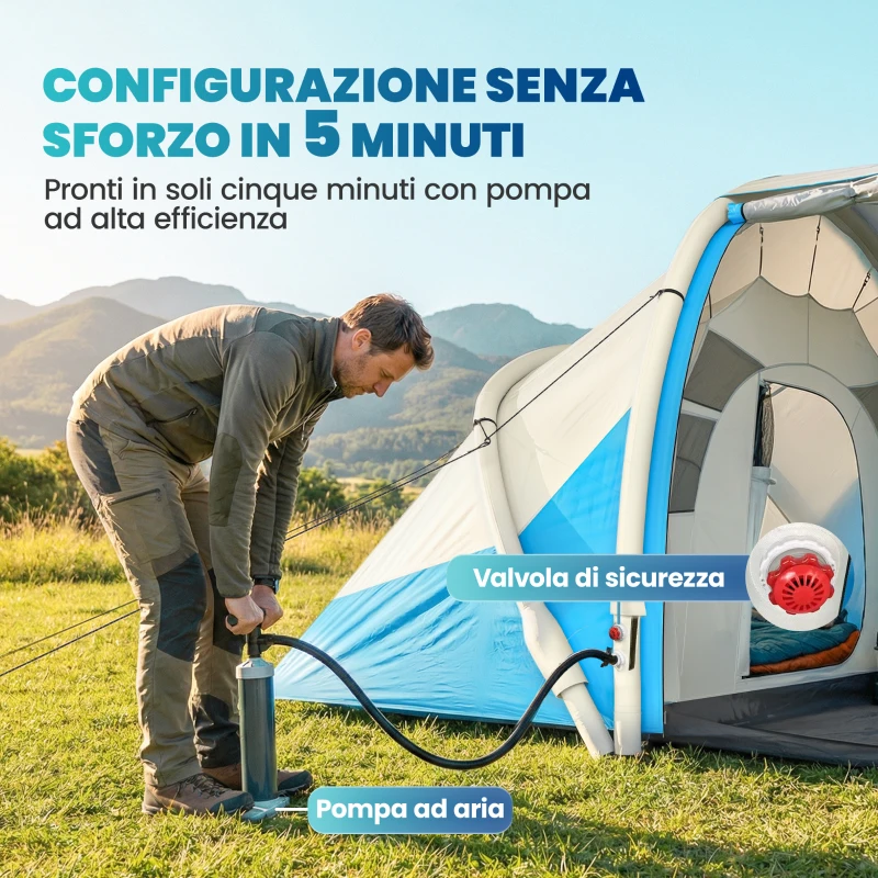 Outsunny Tenda Gonfiabile, Facile da Montare, 4 Persone, 2 Camere da Letto, Blu