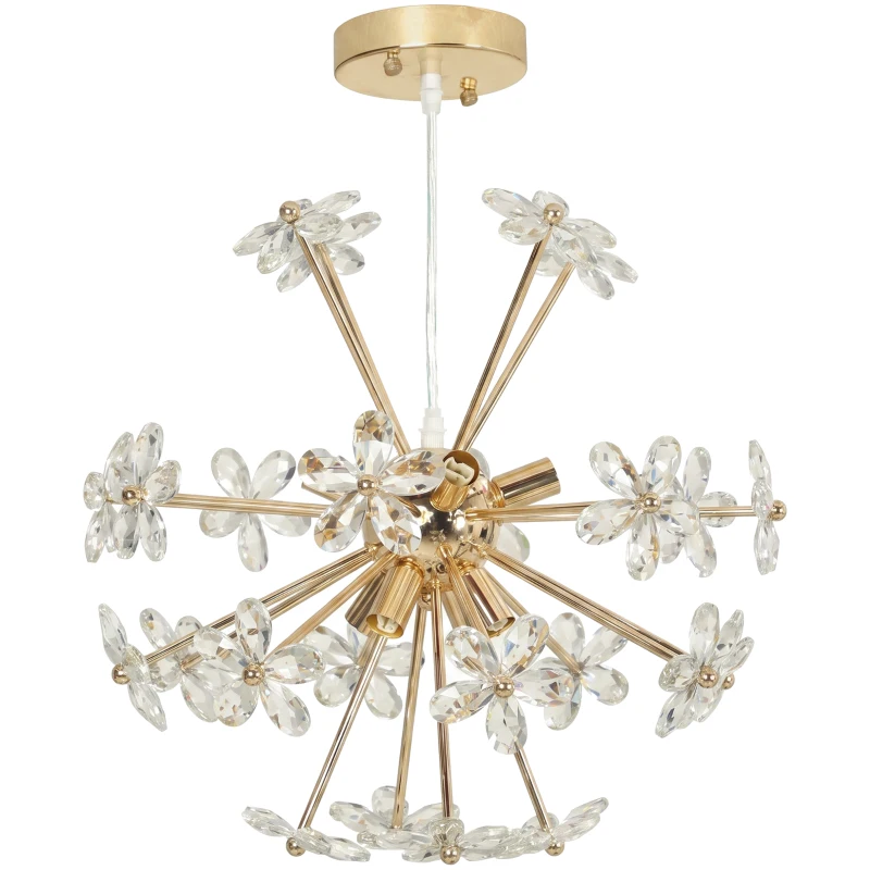 HOMCOM Crystal Chandeliers Ceiling Light with Flower, Modern Pendant Light with Adjustable Height, Ceiling Plate, Clear
