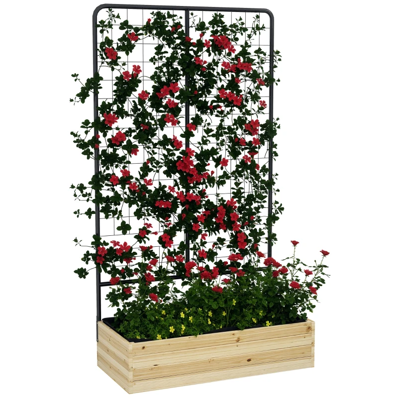 Outsunny Houten verhoogde plantenbak met klimrek, voering van vliesstof, natuurlijk hout, staal, 80x38x145 cm, zwart