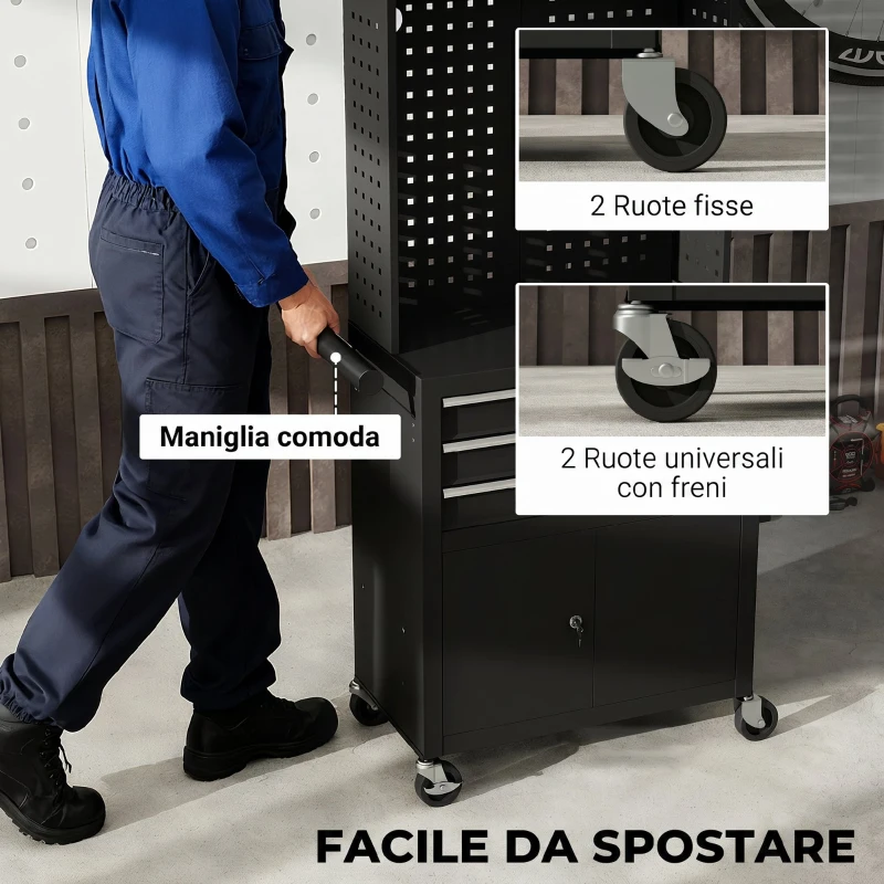 HOMCOM Carrello Porta Attrezzi in Acciaio con Piano di Lavoro, 3 Cassetti, Armadio, Pannelli Forati, Ruote, Nero
