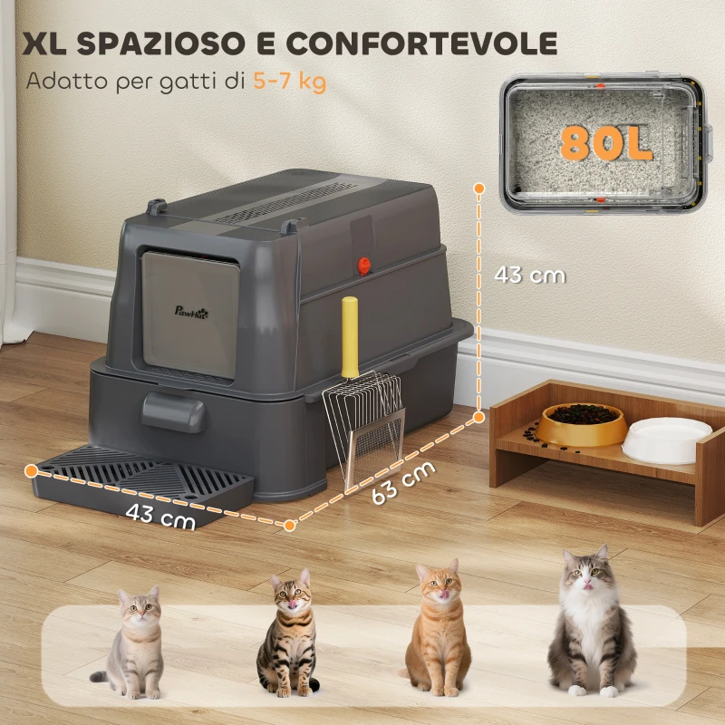 PawHut Lettiera per Gatti Chiusa da 80L con Vassoio Estraibile, in ABS e Acciaio Inox, 63x43x43 cm, Grigio Scuro