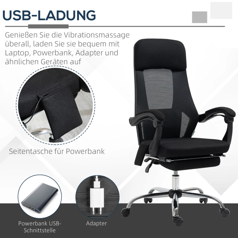 Vinsetto Bürostuhl mit Massagefunktion, Massagesessel, inkl. Fußstütze, 2 Vibrationspunkte, USB-Schnittstelle, Schwarz