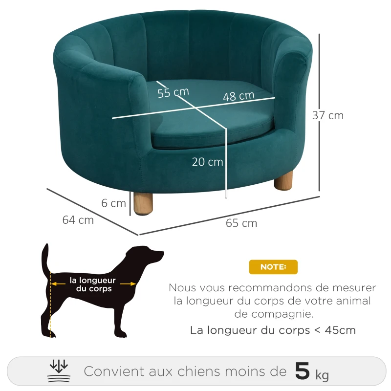 PawHut Canapé chien lit pour chien chat avec accoudoirs coussin moelleux pieds bois massif dim. 65 x 64 x 37 cm velours bleu canard