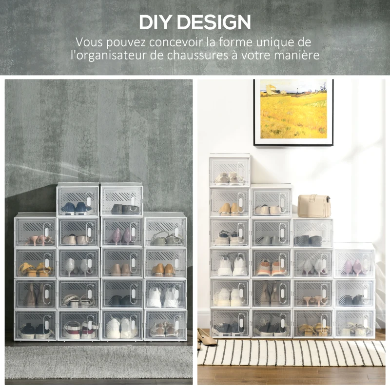 HOMCOM Lot de 18 boites cubes rangement à chaussures modulable avec portes transparentes - 25 x 35 x 19 cm