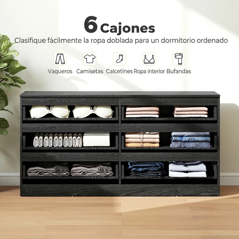 HOMCOM Cómoda Dormitorio con 6 Cajones Cajonera para Salón Oficina Estilo Moderno 140x40x71 cm Negro Veteado