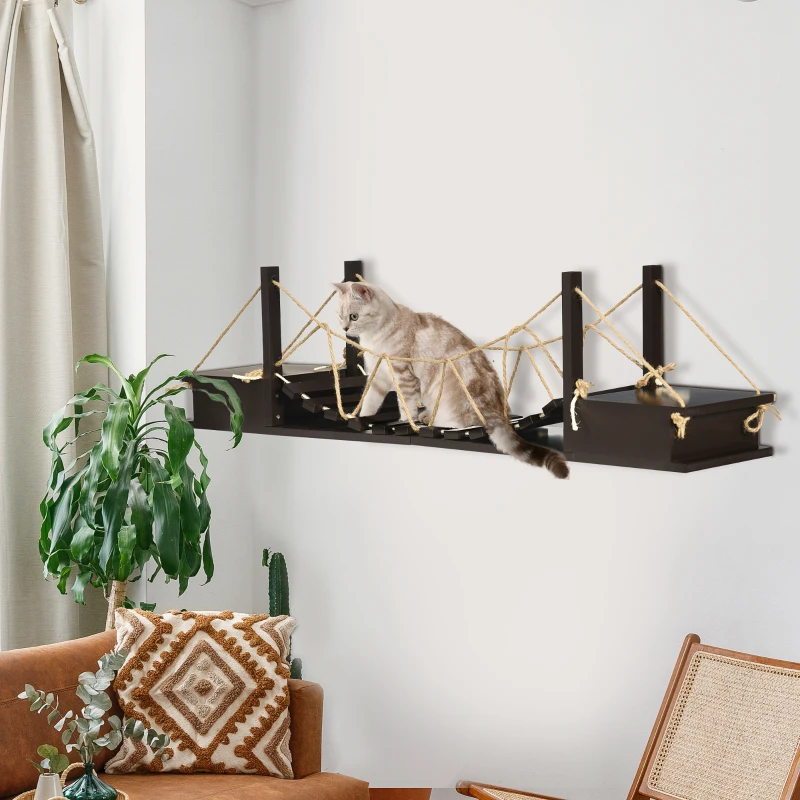 PawHut Katzenkletterwand, Katzenregal, Hängebrücke, 96 cm x 20 cm x 25,5 cm, Braun