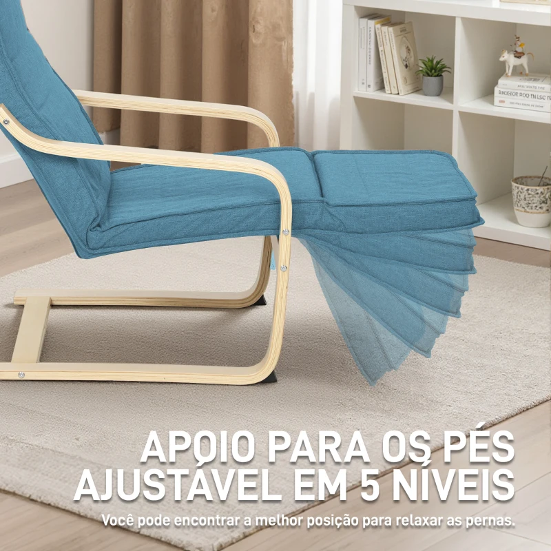 HOMCOM Poltrona Relax com Apoio para os Pés Ajustáveis Poltrona Estofada em Tecido com Estrutura de Madeira 66,5x94x100 cm Azul