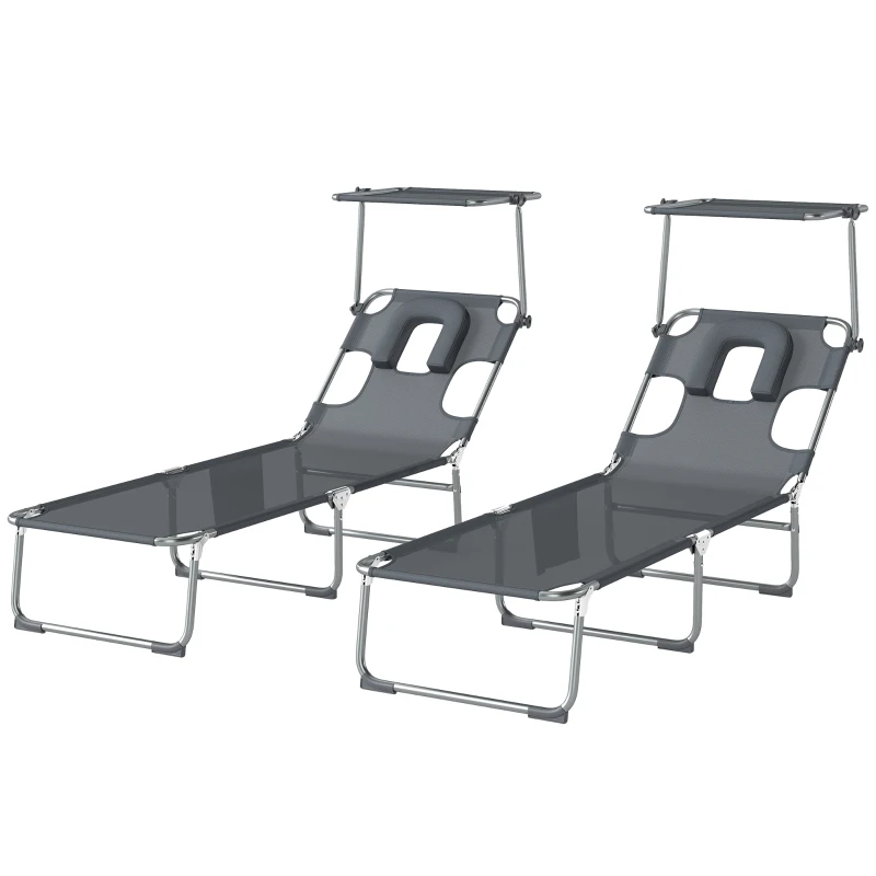 Outsunny Conjunto de 2 Espreguiçadeiras Dobráveis com Dossel 360° Encosto 5 Posições Orifício Facial 188x56x27 cm Cinza Escuro