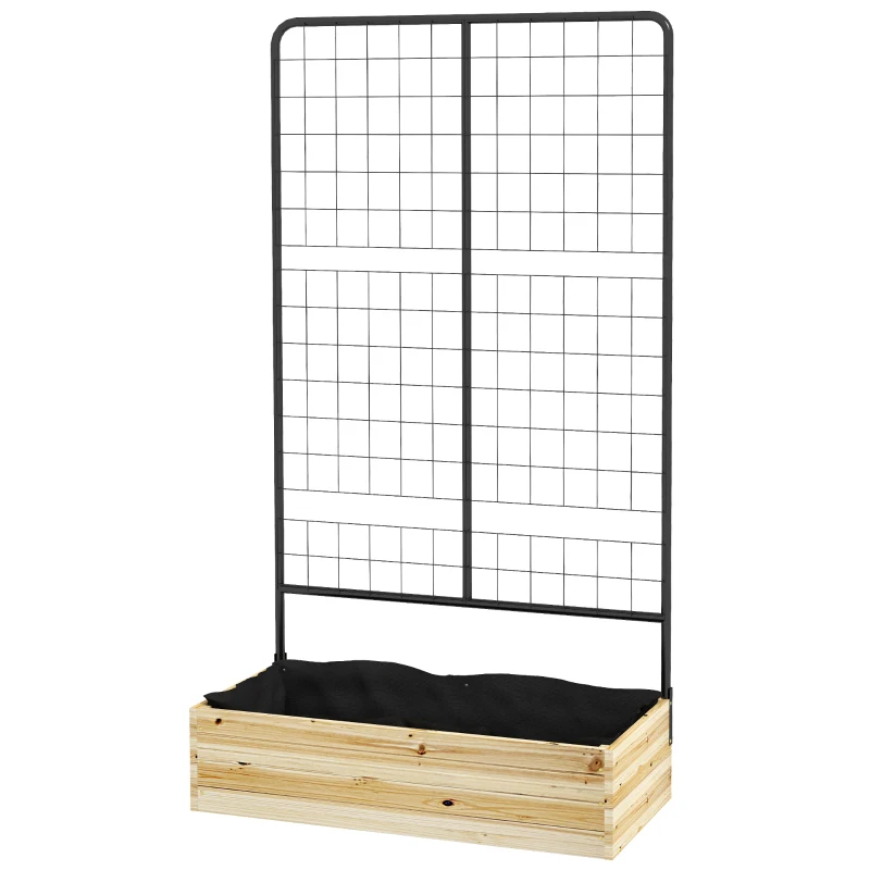 Outsunny Houten verhoogde plantenbak met klimrek, voering van vliesstof, natuurlijk hout, staal, 80x38x145 cm, zwart