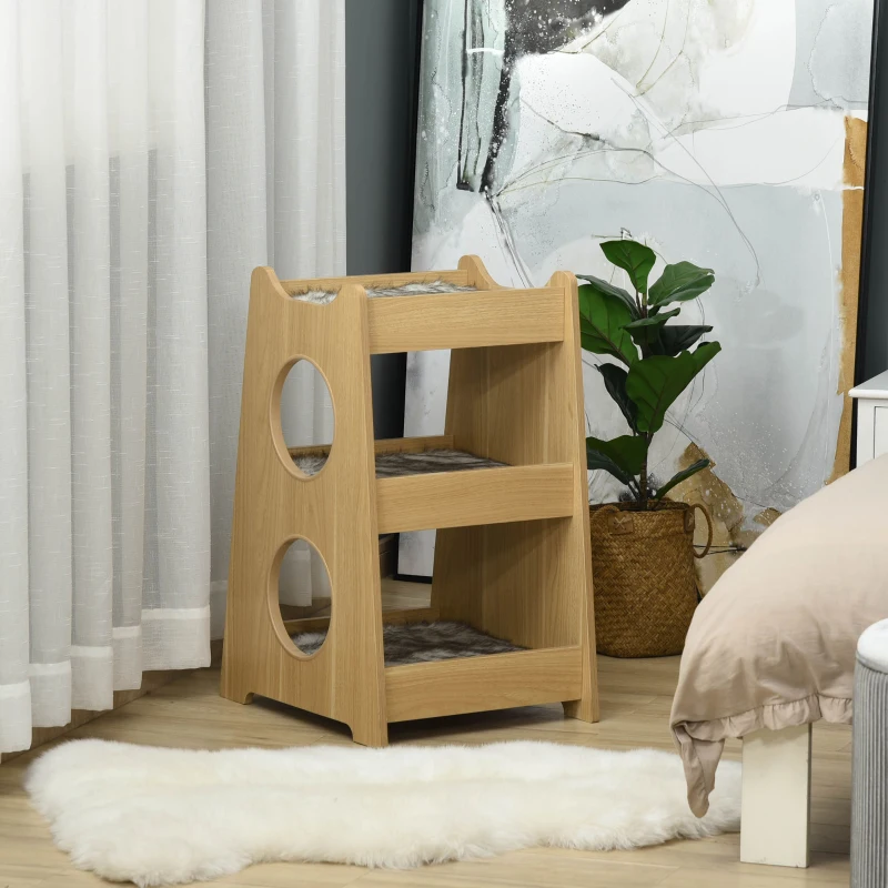 PawHut Katzenbett dreistöckiges Katzenhaus mit Löcher weichen Kissen Polyester MDF Natur+Weiß+Grau 50 x 43 x 74 cm