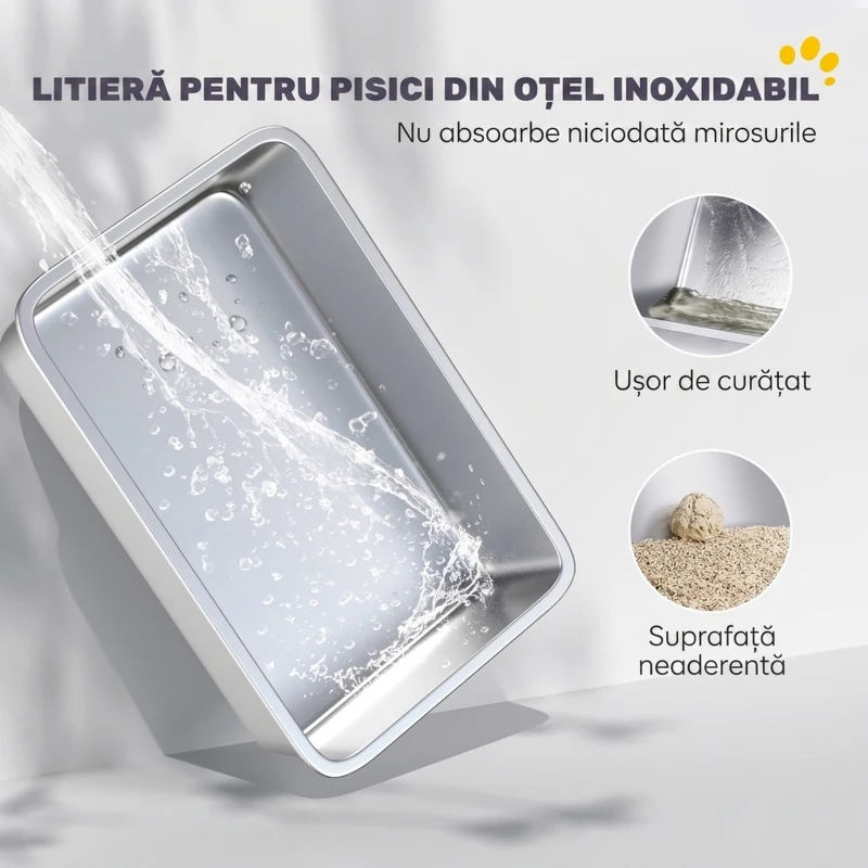 PawHut Litieră pentru Pisici XXL din Oțel Inoxidabil cu Lopățică și Laterale Înalte, Gri