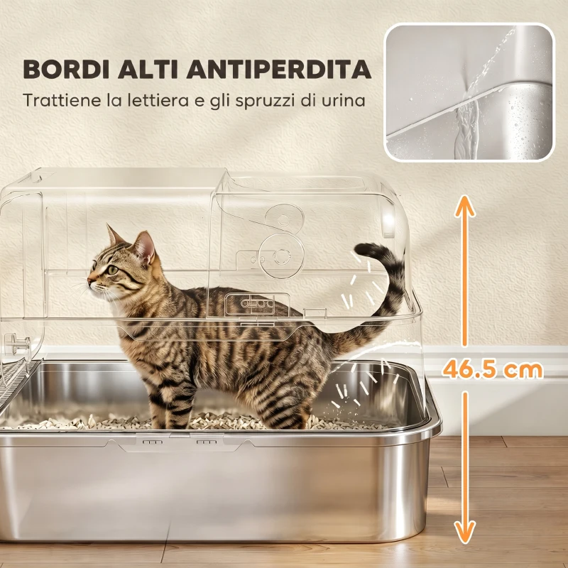 PawHut Lettiera per Gatti Chiusa XXL in Acciaio Inox, Coperchio Apribile a 90° e Doppie Porte, 70x50x46.5 cm, Grigio