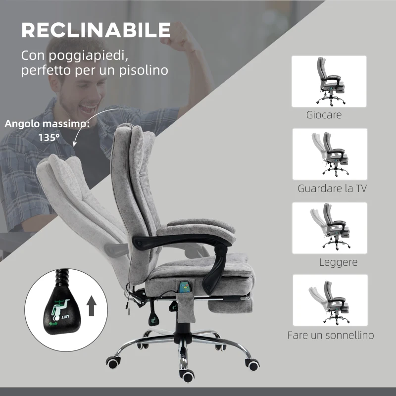 Vinsetto Poltrona per l'Ufficio Massaggiante Riscaldante, Altezza e Reclinazione Regolabili, 62x67x113-120cm, Grigio