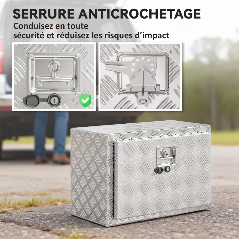 HOMCOM Boîte à outils pour camion en aluminium, 60,9 x 35,5 x 40,6 cm, coffre de rangement 76 L avec serrure et clés, argent
