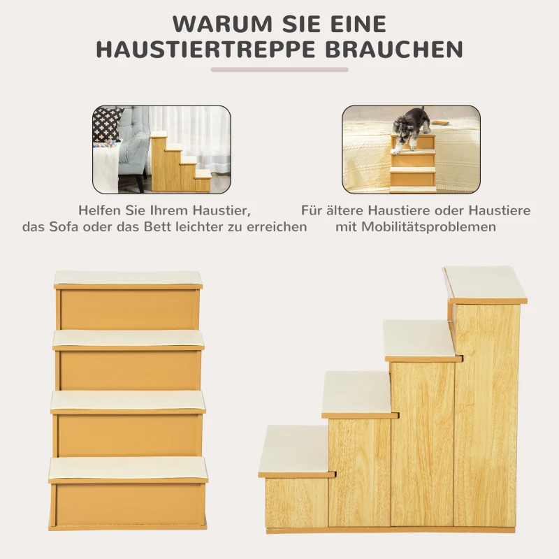PawHut Huisdierentrap, voor honden/katten, 4-traps, Kortpluche, tot 30 kg, 40 x 59 x 54,2 cm, Natuurlijk