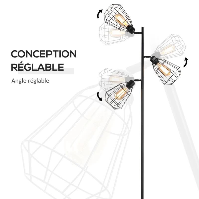 HOMCOM Lampadaire design industriel 3 ampoules max. 40 W abat-jour cage métal noir