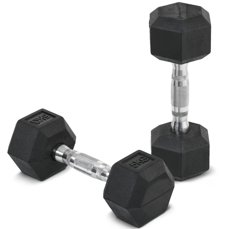 HOMCOM hexagon dumbbells set van 2 gietijzeren dumbbells handvat gekartelde dumbbell set dumbbell set gewichten metaal rubber zwart 2 x 5 KG(m-10)