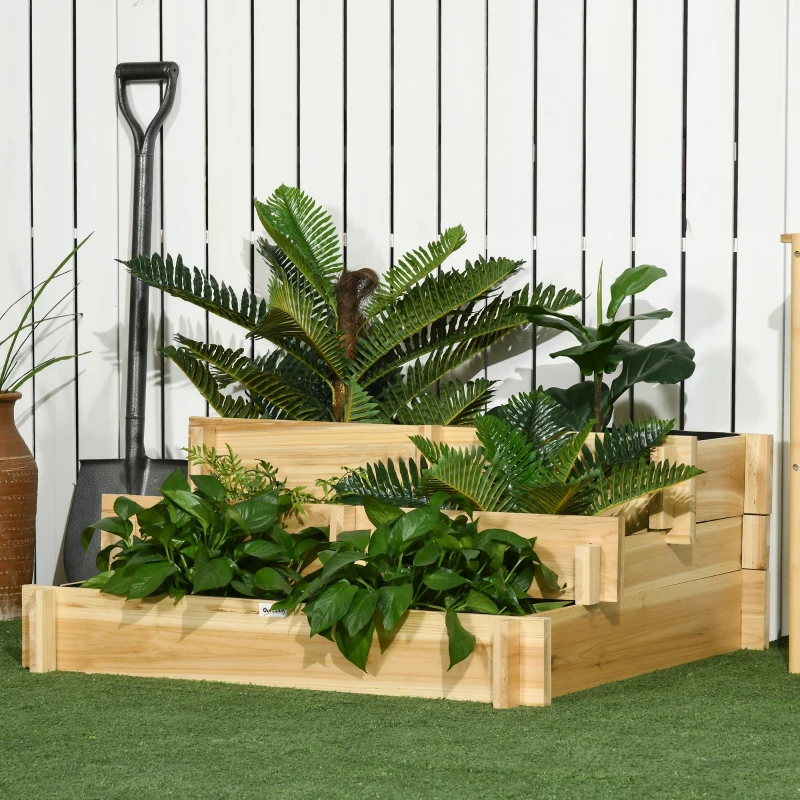 Outsunny Caixa de Plantio de Madeira de 3 Níveis com Malha Geotextil para Cultivos de Plantas Flores Exterior 93x93x35 cm Madeira