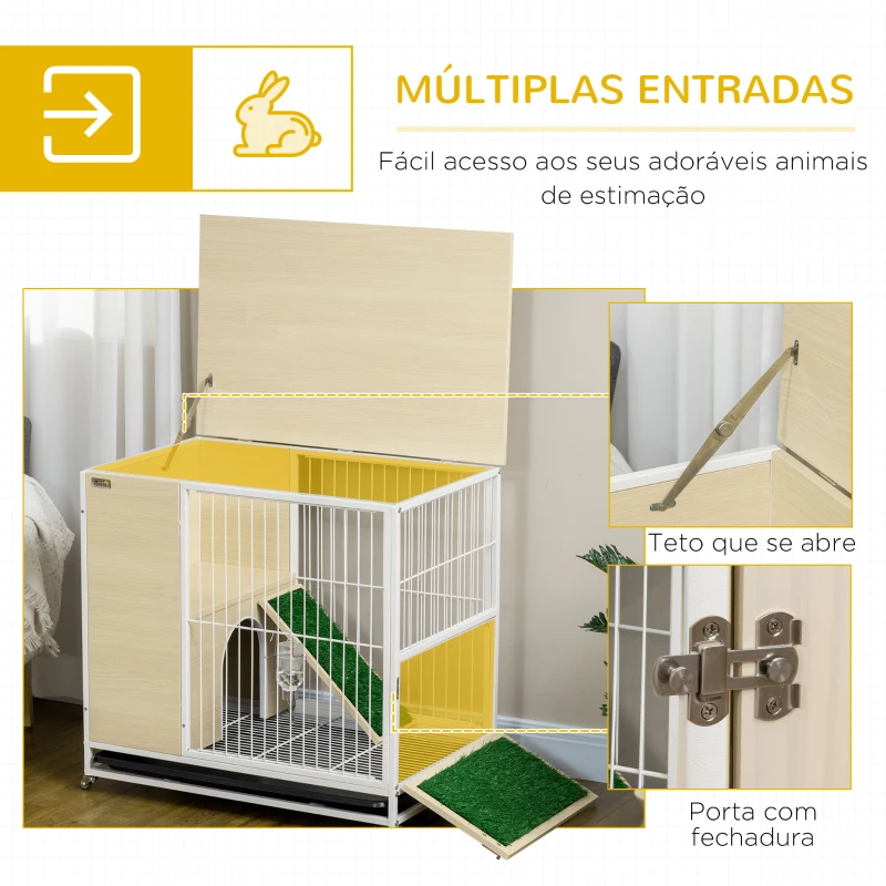 PawHut Coelheira de Madeira com Rodas Móvel Coelheira com Teto Abatível Bandeja Amovível Bebedouro e Rampa 78x52,5x76,5cm Carvalho