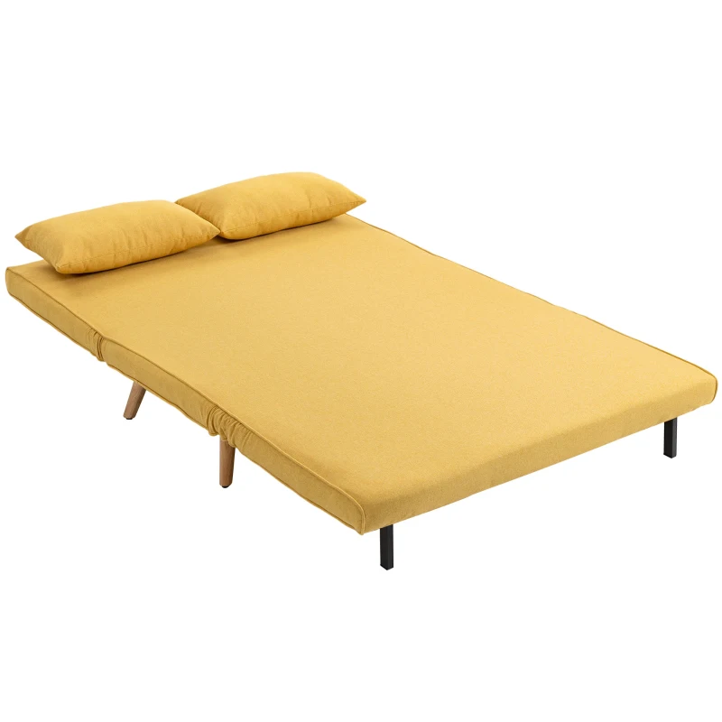 HOMCOM Sofá-Cama de 2 Lugares Dobrável Estofado em Linho com Encosto Ajustável em 5 Posições e 2 Almofadas Amarelo