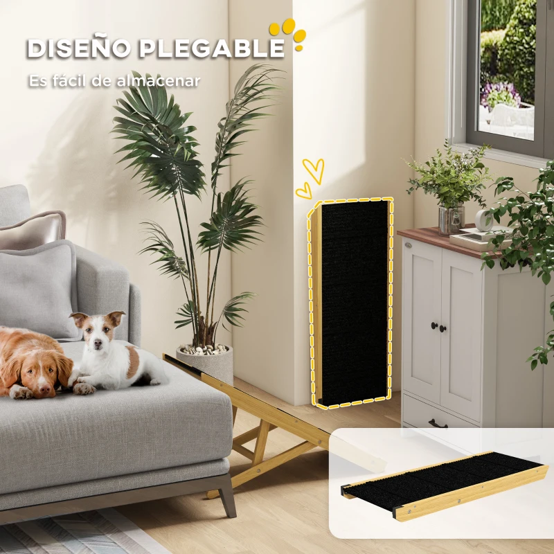 PawHut Rampa para Mascotas de Madera con Altura Ajustable en 4 Niveles para Perros Pequeños y Medianos 83,5x35x47,5 cm Natural