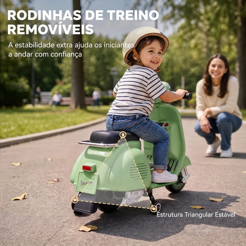 AIYAPLAY Mota Elétrica Infantil Vespa com Licença Oficial, Arranque Suave, Rodinhas Desmontáveis, Luz Dianteira, Música, Buzina e USB, Verde