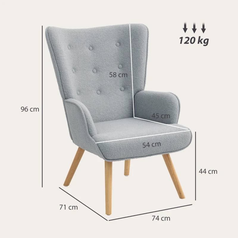 HOMCOM Fauteuil de salon en tissu bouclette, fauteuil capitonné et rembourré avec pieds en bois, 71 x 74 x 96 cm, gris clair