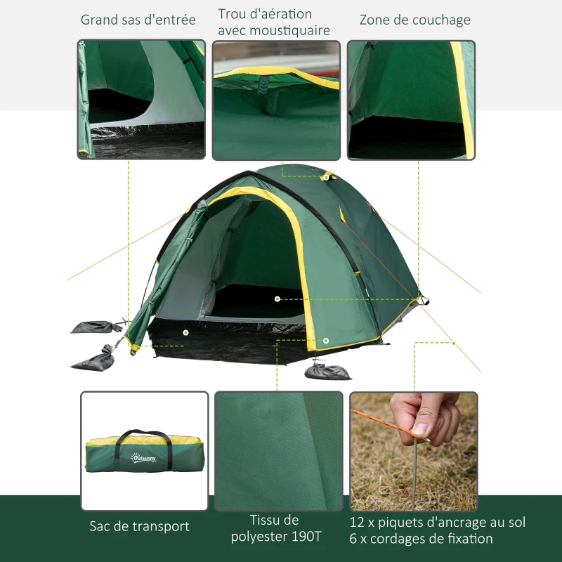 Outsunny Tente de camping 2-3 personnes tente dôme étanche légère ventilée facile à monter 2 portes fenêtres dim. 3,25L x 1,83l x 1,3H m fibre verre polyester PE vert