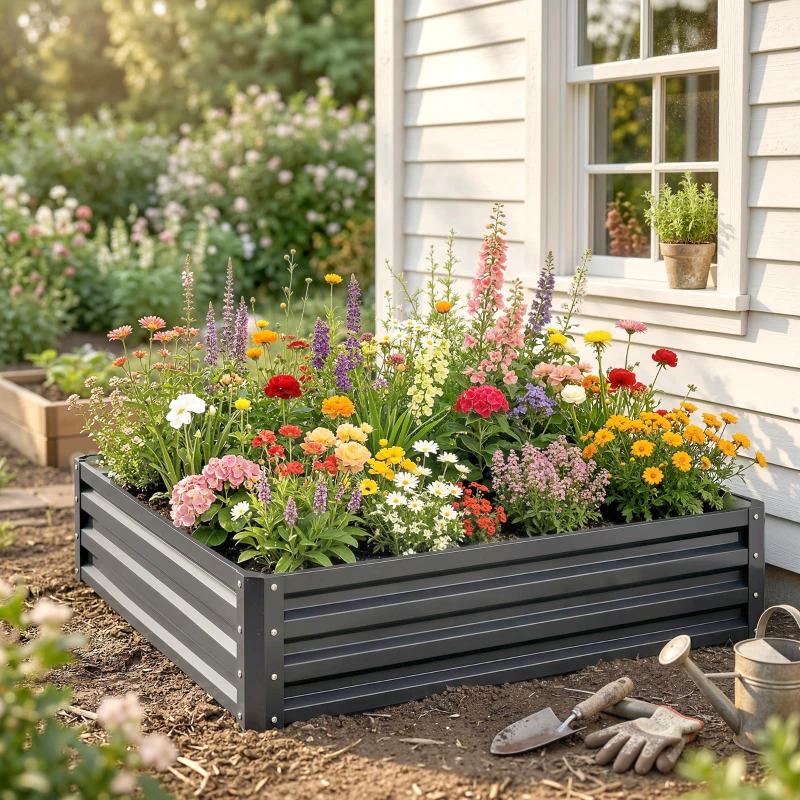 Outsunny Tuinbed, Plantenbak met Stalen Frame, Lichtgrijs, 120 x 120 x 30 cm