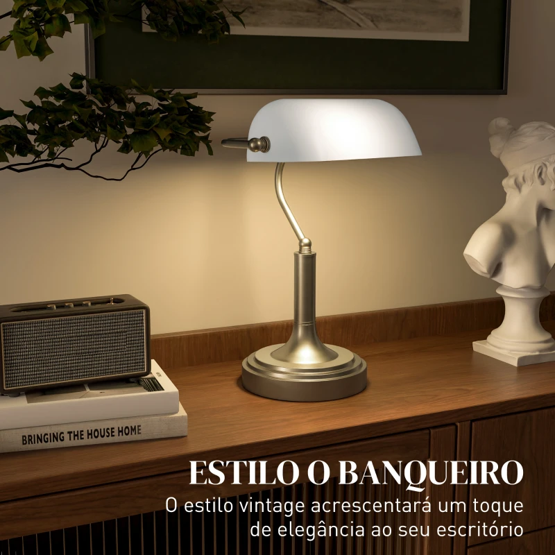 HOMCOM Lámpara de Escritorio Banquero con Pantalla Ajustable Interruptor Basculante para Oficina Biblioteca Blanco