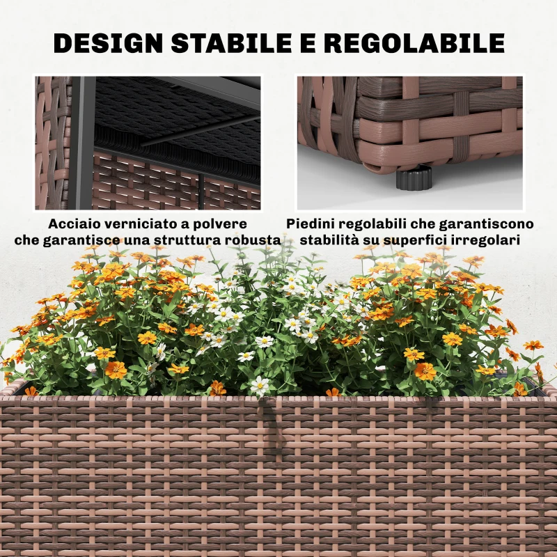 Outsunny Letto per Orto Rialzato da Esterno 45L in Rattan, con Fori di Drenaggio e Piedini Regolabili, Marrone