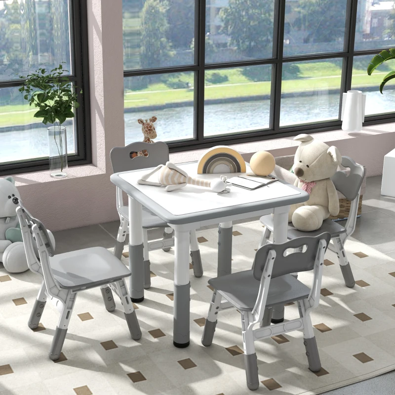 AIYAPLAY Set Tavolo e Sedie per Bambini 5pz con 4 Sedie Regolabili 32x36x52.5-56 cm e Tavolo 60x60x46-58 cm, Grigio