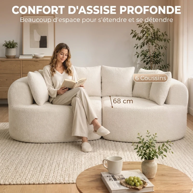 HOMCOM Canapé 3 Places Incurvé en Chenille 188 cm, Canapé Salon avec Assise Profonde, 6 Coussins, Rembourrage Épais, Crème