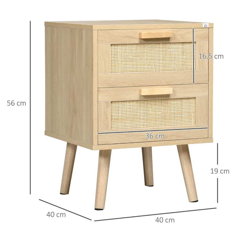 HOMCOM Mesita de Noche Estilo Cannage Mesilla de Noche con 2 Cajones y Patas de Madera para Salón Dormitorio 40x40x56cm Natural