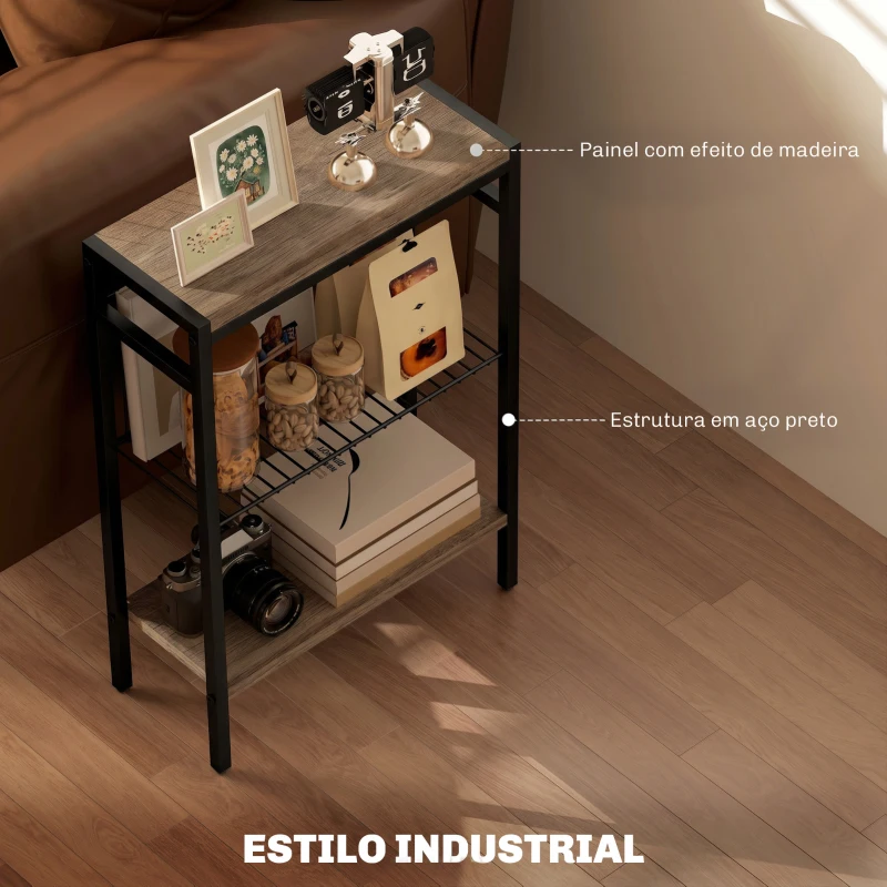 HOMCOM Mesa Auxiliar Estreita de 3 Níveis com Prateleiras Abertas e Estrutura de Aço para Sala e Quarto 43x18x62,5cm Carvalho