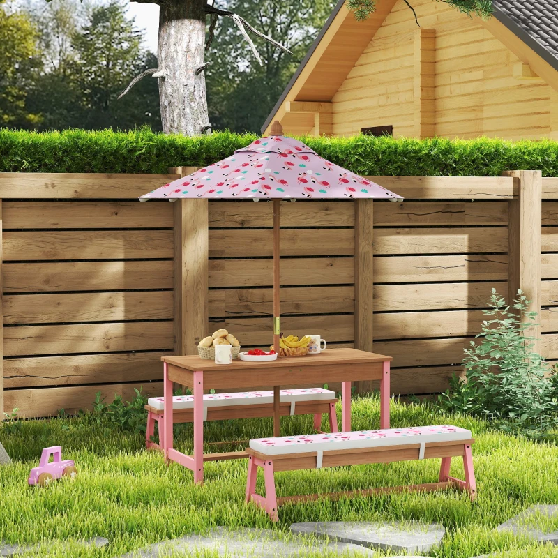 AIYAPLAY Table pique-nique enfant avec bancs, coussins, parasol pliable, boîtes de rangement amovibles, motif à flamant, rose